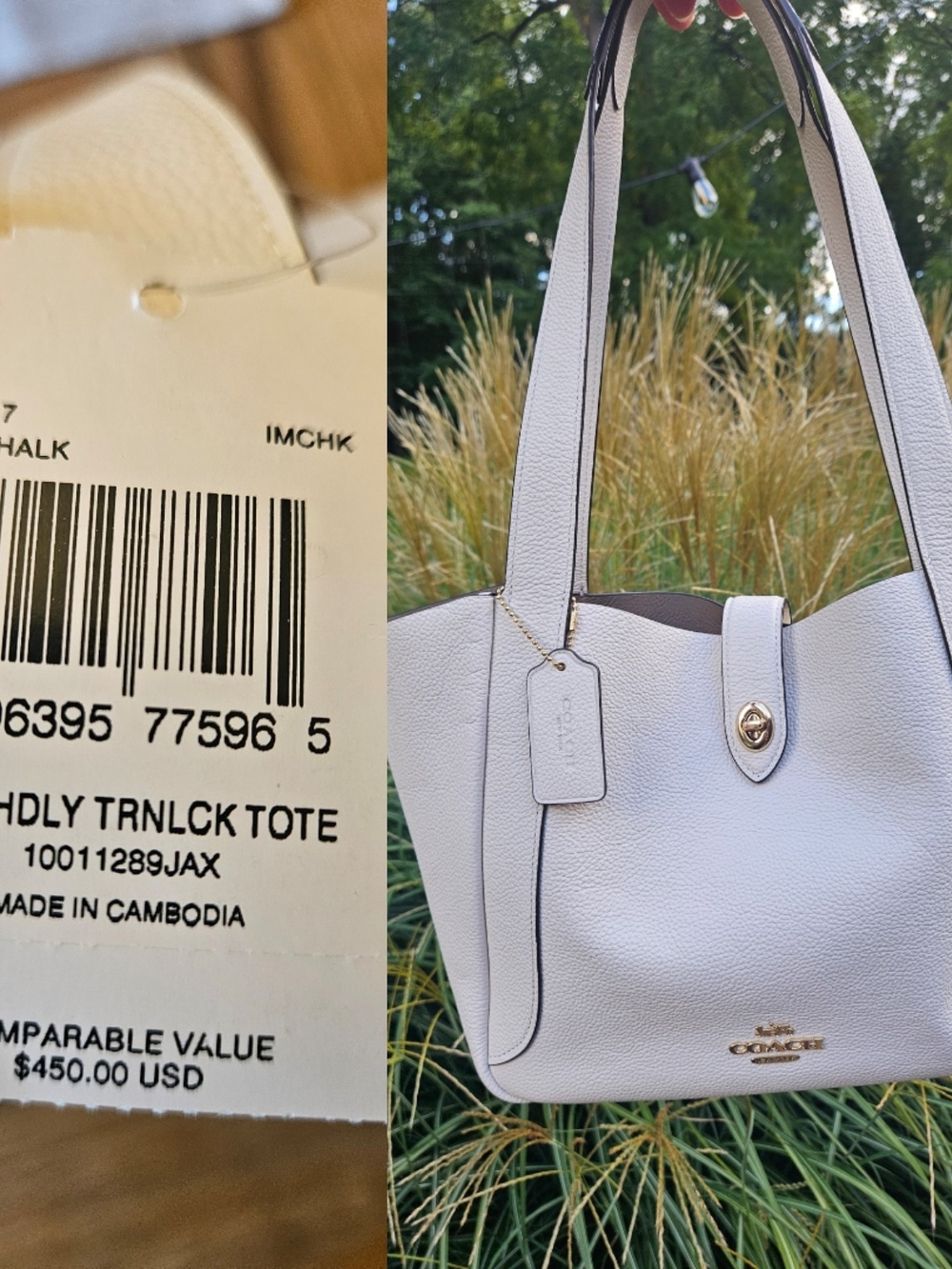 NWT $450 USD Coach Chalk Pebbled Leather Turnlock Tote with Hang Tag